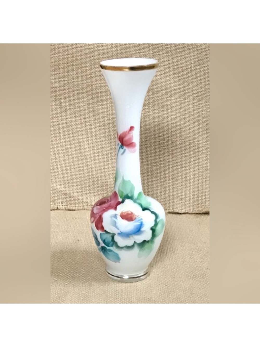 Hand-Painted Floral Porcelain Bud Vase with Gold Rim - White